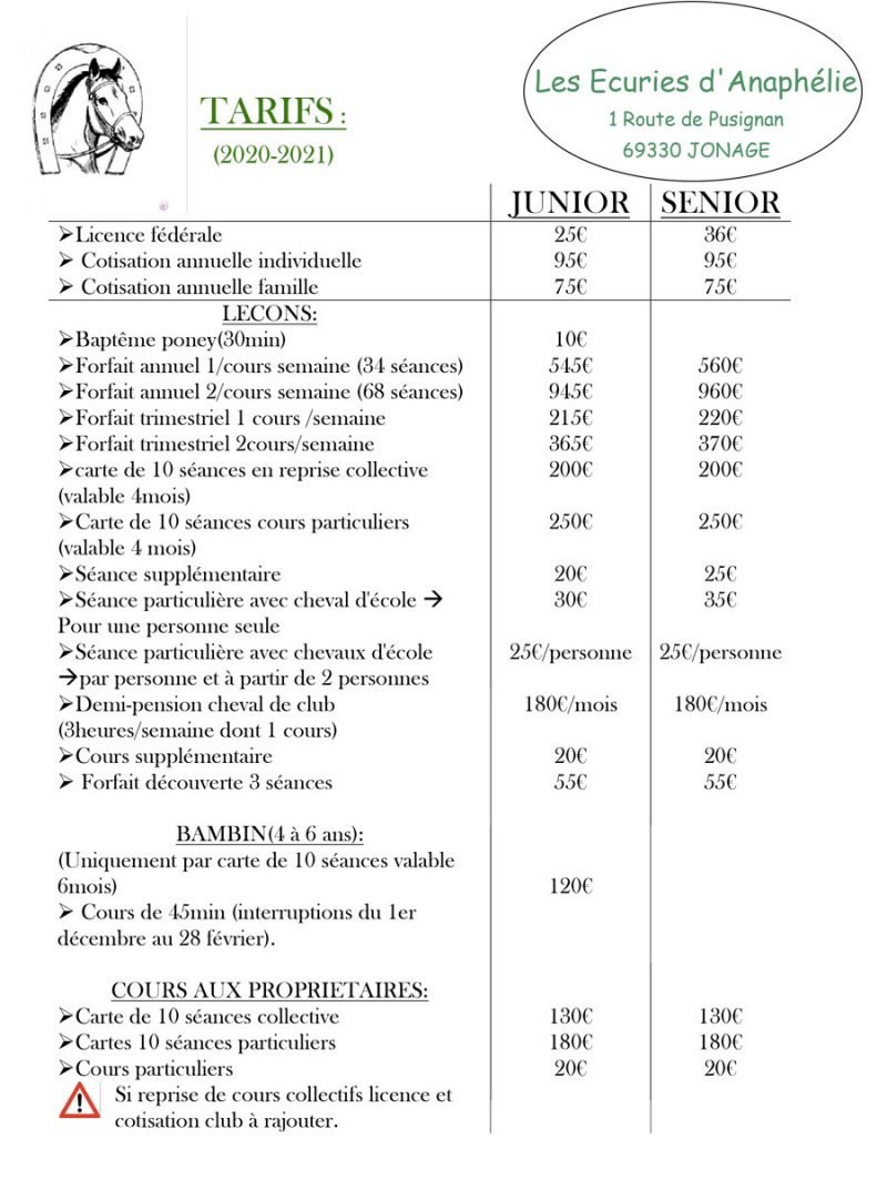 Tarifs Cours de poney Ecurie d'Anaphélie à Lyon Pension équestre